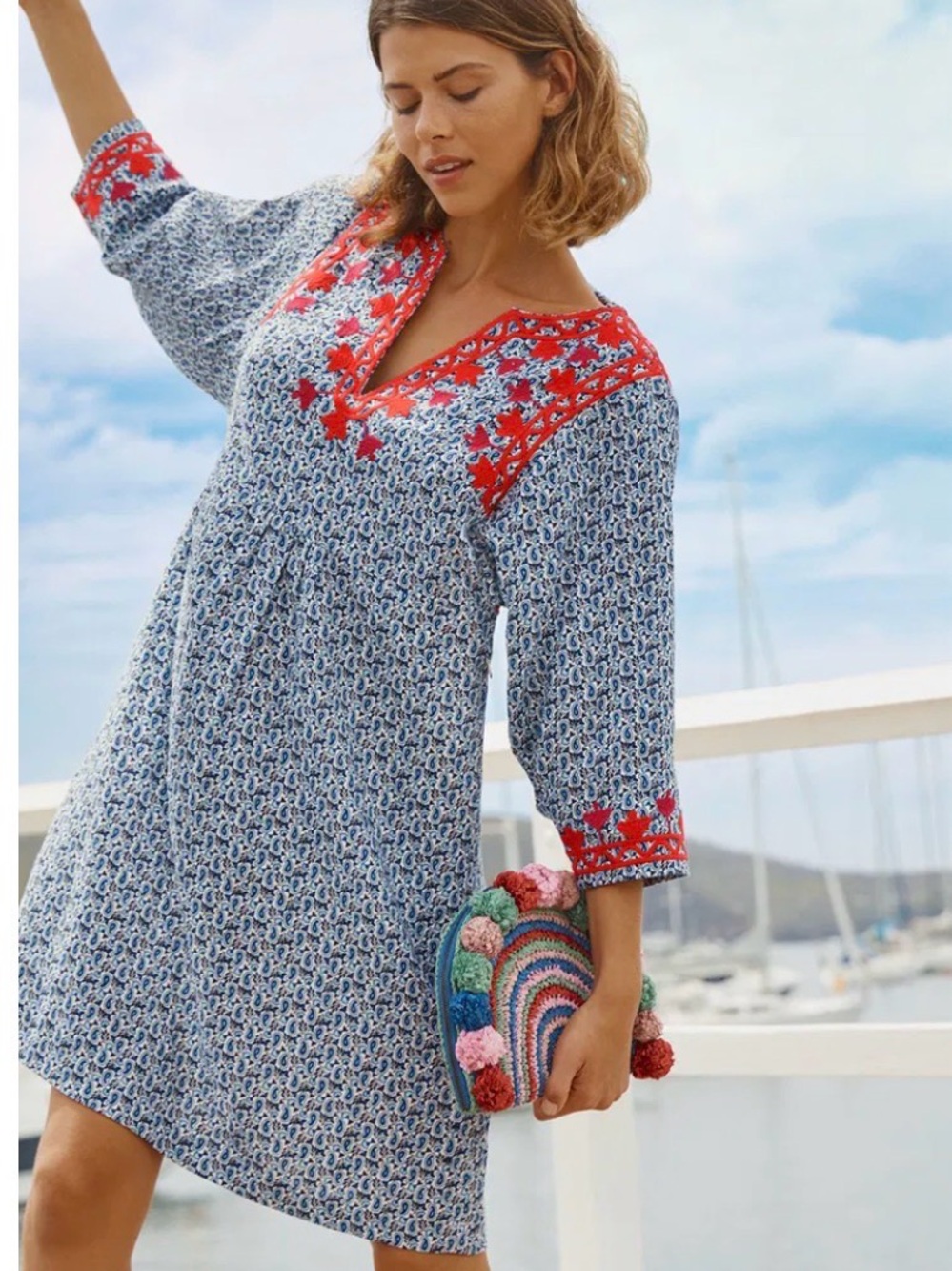 Boden Navy Linen Red Embroidered Kimono Style Dress US 8 Paisley Floral Print